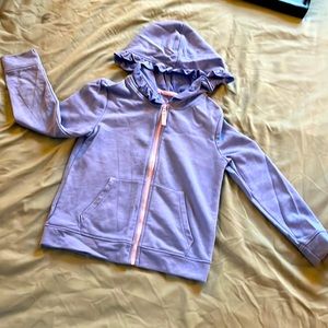 Purple Cat and Jack zip up hoodie. Ruffled hood detailing